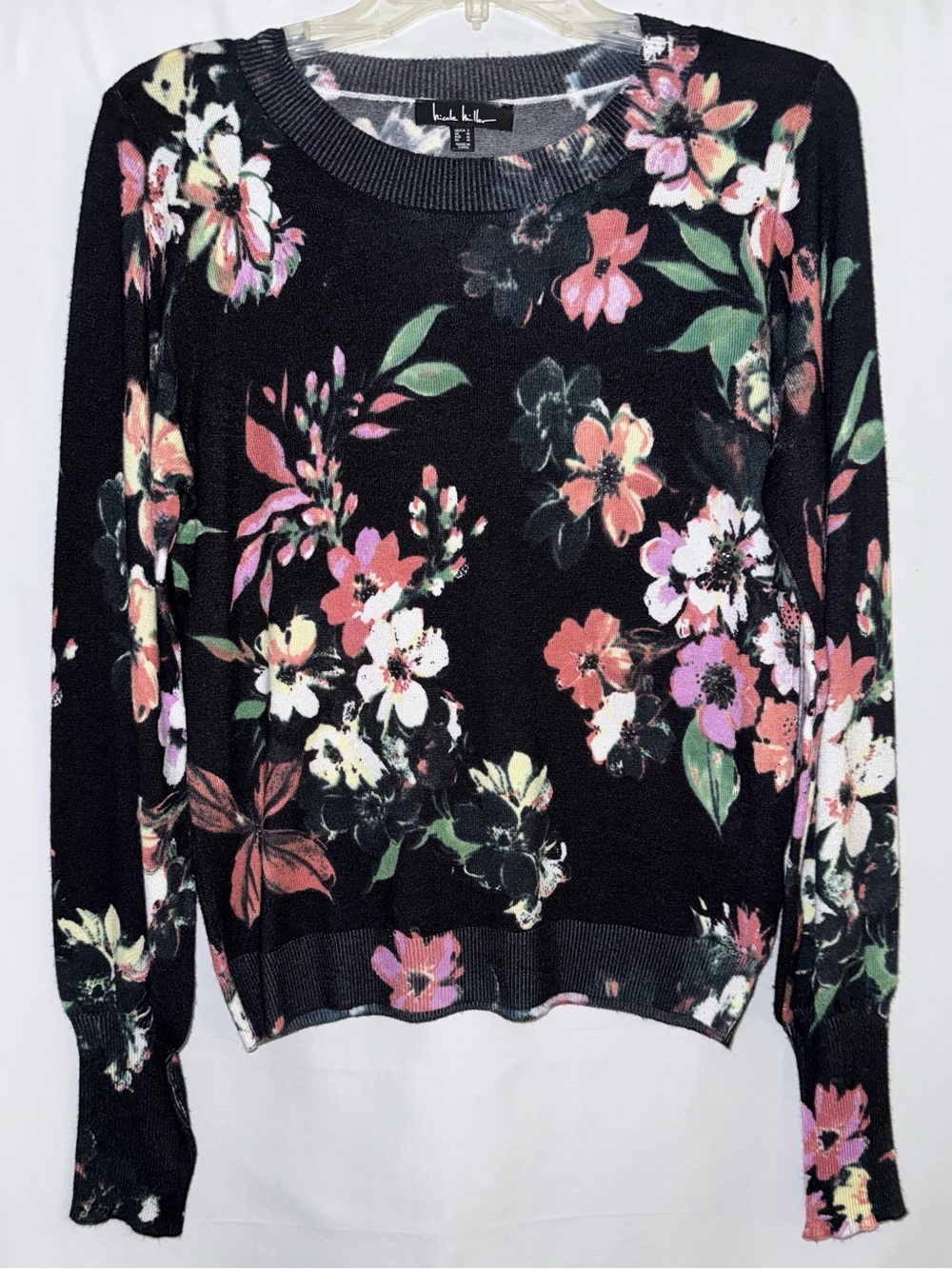Nicole Miller Black Multicolored Floral Long Sleeve Sweater Size Small
